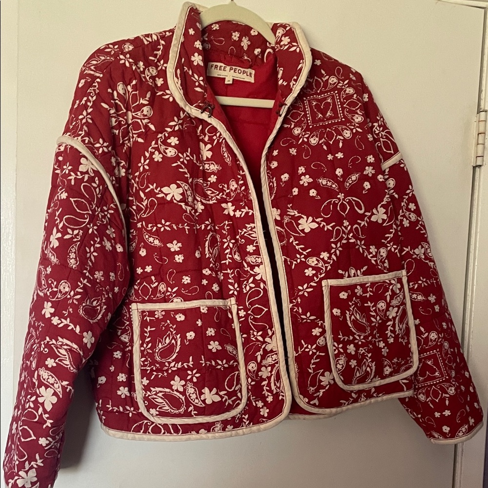 Free People Floral Red Puffer Jacket
